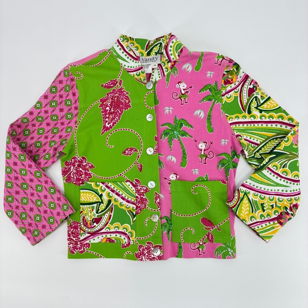 Vanity Womens Y2K Monkey Artsy Beaded Pink Tropical Jacket Petite Small EUC!